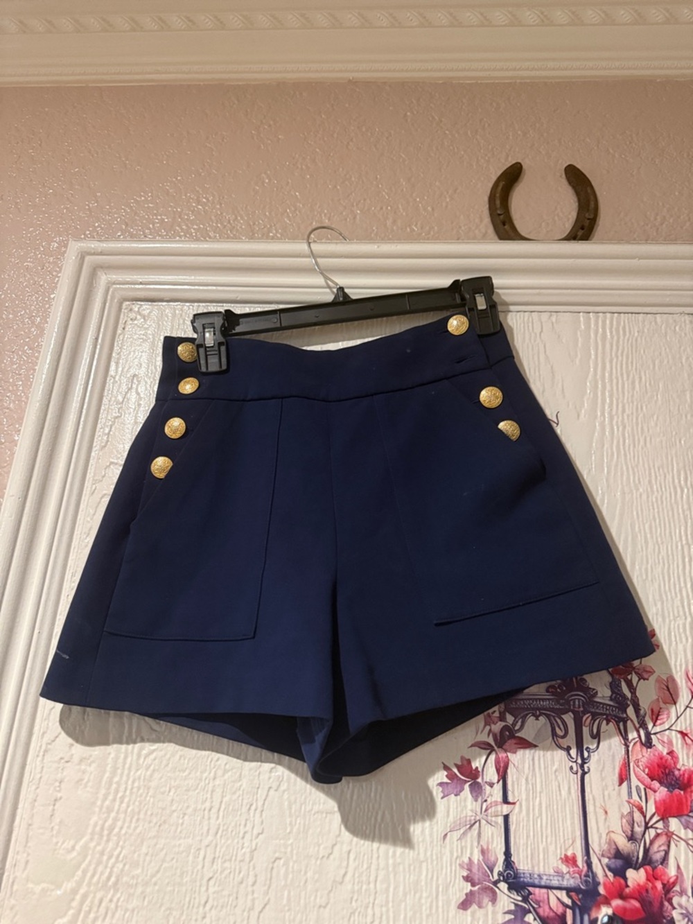 Alice + Olivia Navy High-Rise Sailor Shorts with Gold Buttons